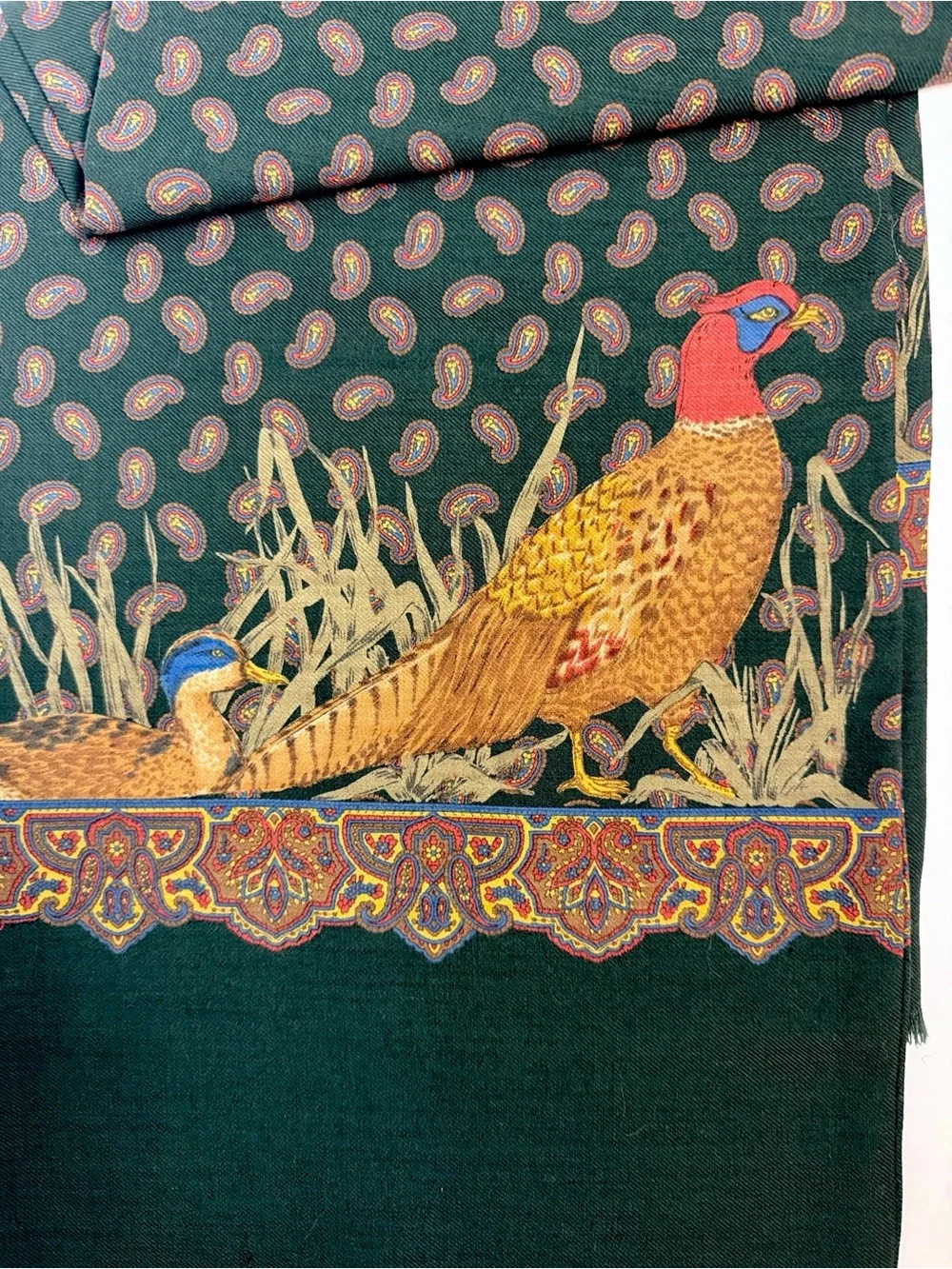 Men's Double Layer Scarf Green Pheasant Duck Paisley Wool  11x53